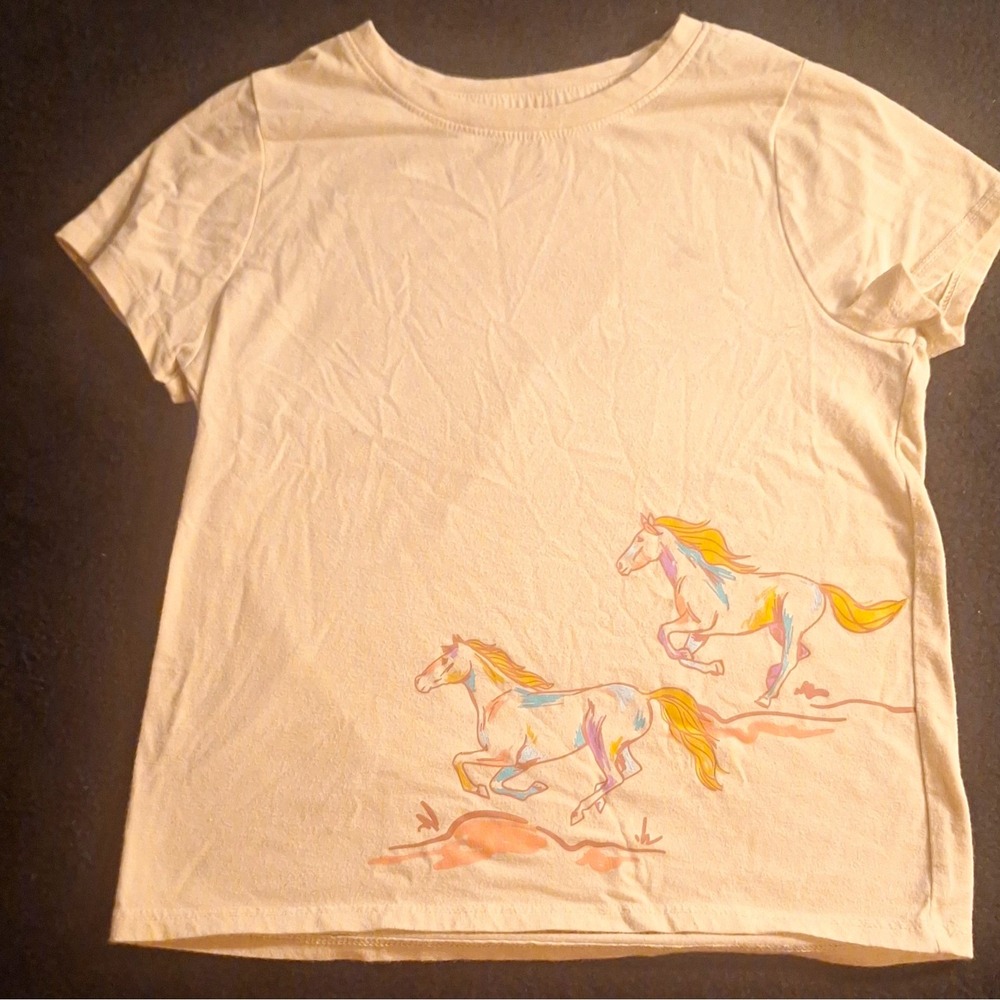 Cat & Jack Girls White Horse Graphic Print Crew Neck Short Sleeve Tee S 6/7